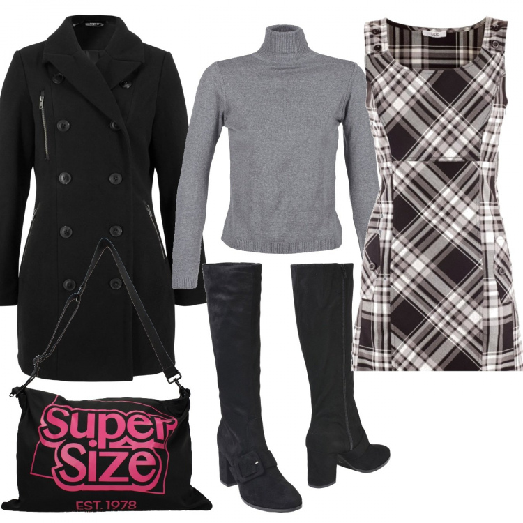 Outfit donna - Basic #3930. Stile Basic per Tutti i giorni. Abbinamento con stivali effetto scamosciato con tacco squadrato e fibbia con punta tonda tinta unita, vestiti, trench, borse a spalla, maglioni.