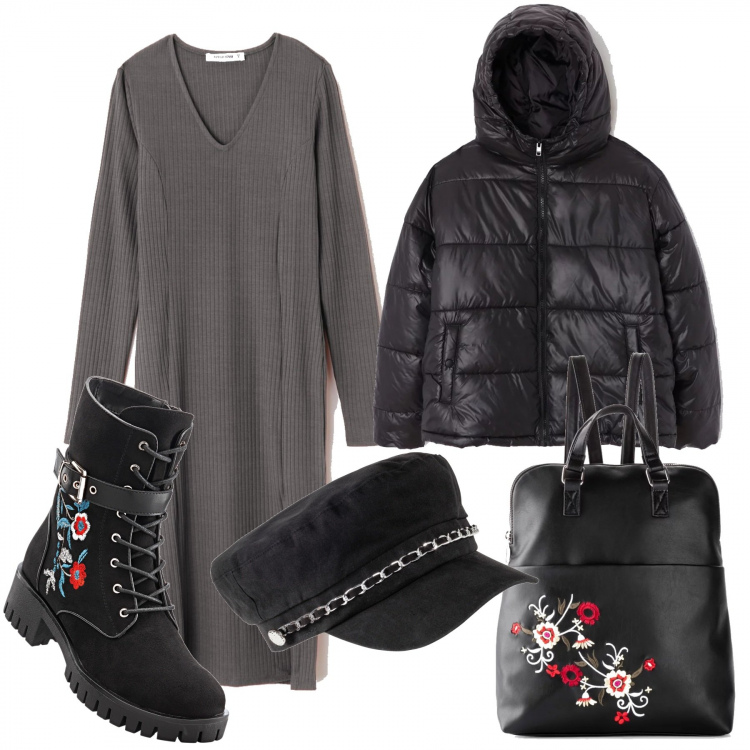 Outfit donna - Lunedì in università. Stile Trendy per Scuola/Università. Abbinamento con stivali, zaini, berretti, vestito corto a coste grigio, piumino con cappuccio e zip tinta unita nero.