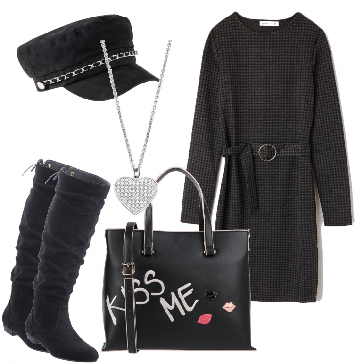 Outfit donna - Trendy. Stile Trendy per Scuola/Università. Abbinamento con stivali, berretti, borse a spalla, vestito corto con cintura fantasia nero, collana girocollo.
