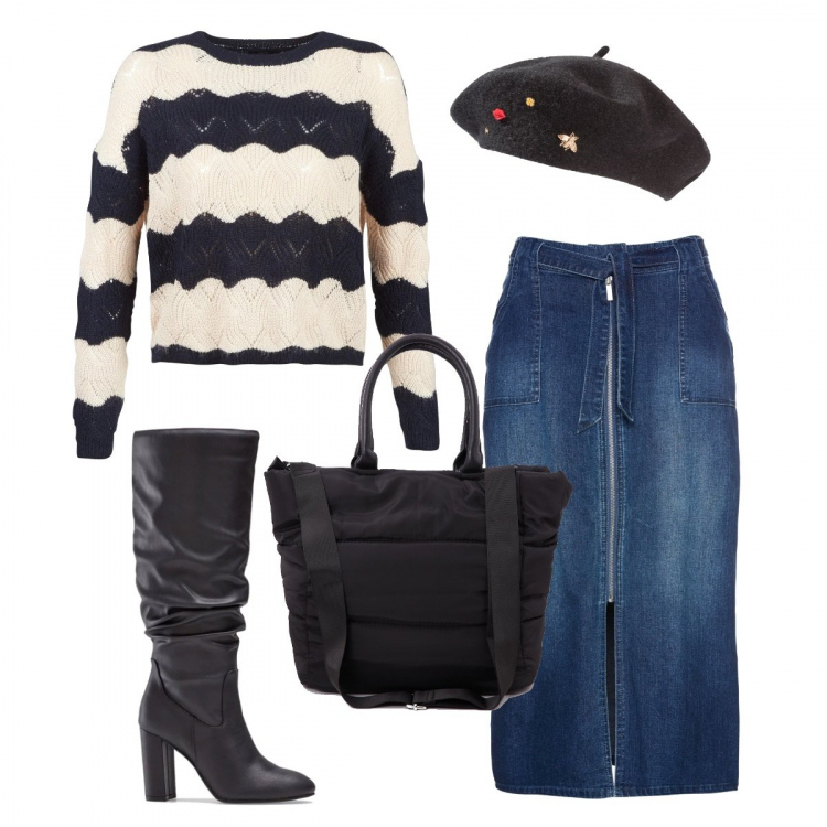 Outfit donna - Con il basco. Stile Urban per Tutti i giorni. Abbinamento con cappelli e berretti, gonne, stivali sopra il ginocchio, shopping bag con zip tinta unita nero, maglione.