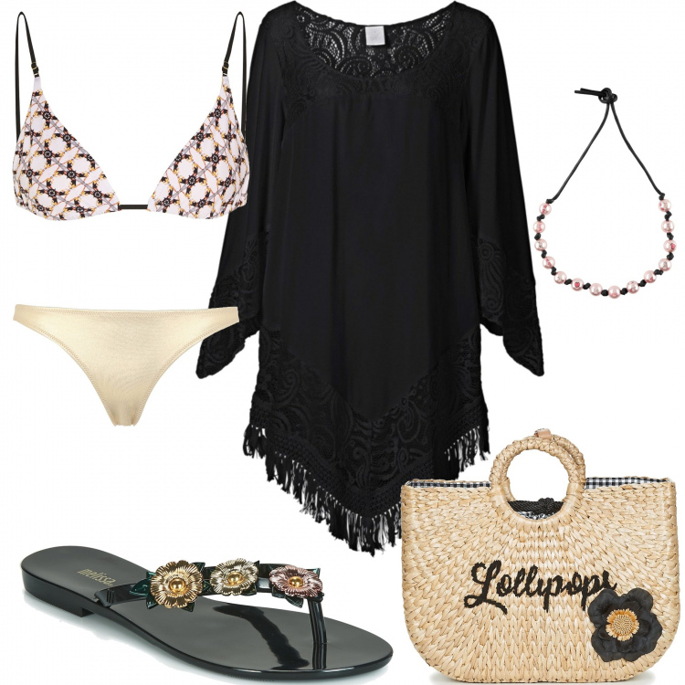 Outfit donna - Inverno alle Maldive. Stile Chic per Mare. Abbinamento con vestiti da spiaggia, bikini, slip, collane, shopping bag beige, infradito.