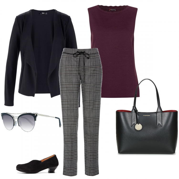 Outfit donna - Lunedì in ufficio. Stile Basic per Ufficio. Abbinamento con blazer, pantaloni, bluse, borsa a spalla, vestaglie, occhiali da sole.