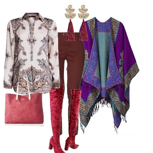 Outfit donna - Viaggio a Samarcanda. Stile Etnico per Serata fuori. Abbinamento con pantalone lungo, stivali, orecchini, camicie, poncio, borse a spalla.