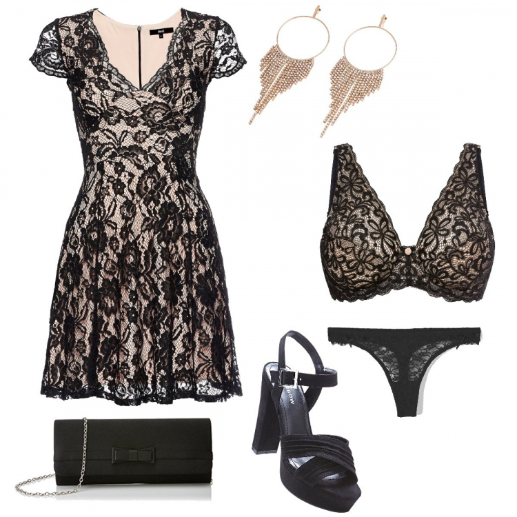 Outfit donna - Sexy in pizzo. Stile Sexy per Serata fuori. Abbinamento con reggiseni, sandali col tacco, orecchini, perizomi, vestito, clutch.