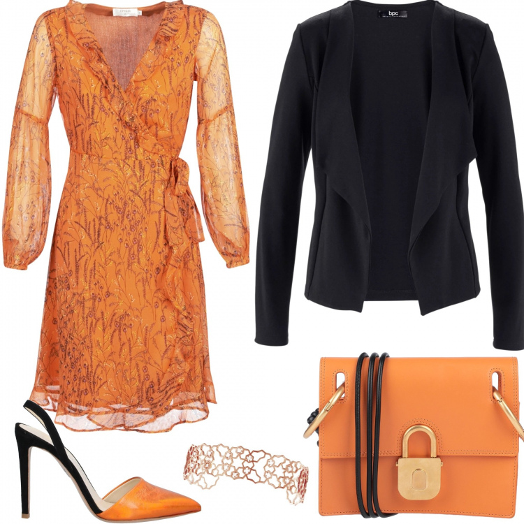 Outfit donna - Orange. Stile Chic per Serata fuori. Abbinamento con blazer, borse a mano, décolleté, vestito lungo, bracciale.