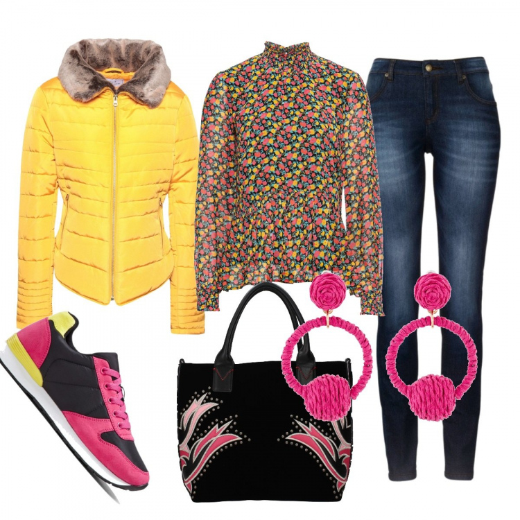 Outfit donna - Febbraio colorato. Stile Basic per Tutti i giorni. Abbinamento con jeans skinny, blusa chiffon colletto dritto nero, sneakers, orecchini a bottone fucsia, piumino, borse a mano.