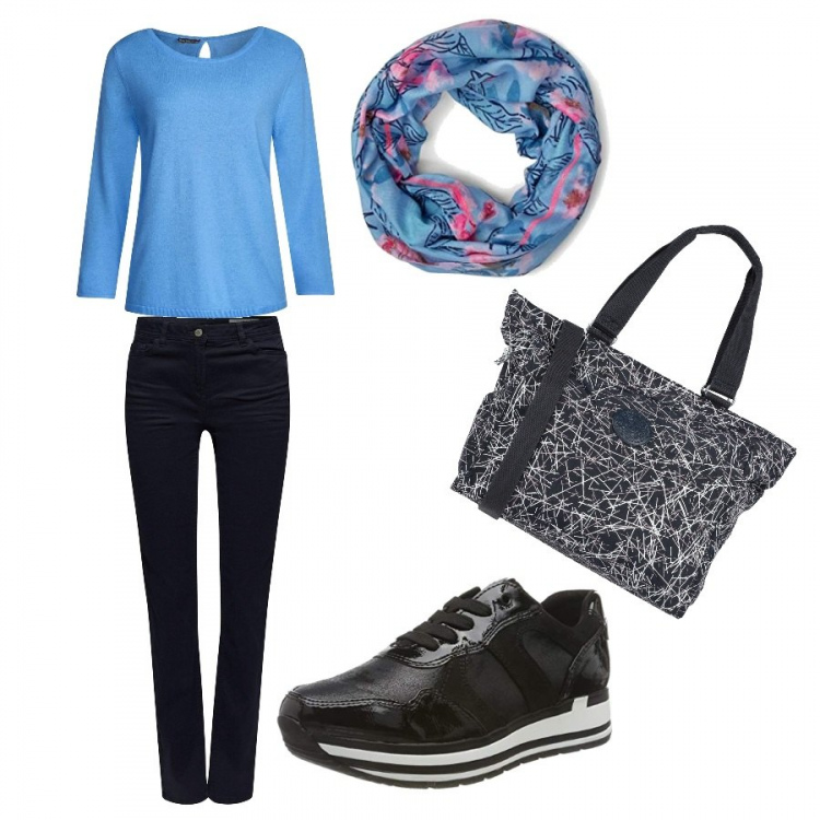 Outfit mujer - Street style. Estilo Urban para Todos los días. Combinación con maglioncino jersey blu, sneakers nero, pantalone navy, sciarpa multicolore e blu, borsa a tracolla maxi multicolore.