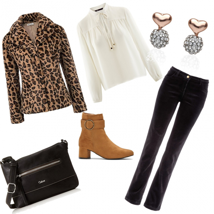Outfit donna - Una mamma che lavora. Stile Urban per Tutti i giorni. Abbinamento con pantaloni, stivaletti, cappotto, camicie, borsa a tracolla nero, orecchini con strass.