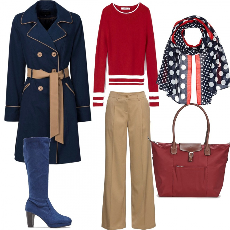 Outfit donna - Bon Ton #2909. Stile Bon Ton per Scuola/Università. Abbinamento con trench, pantalone lungo, stivali con plateau e zip elasticizzato blu, pullovers, shopping bag, sciarpe.