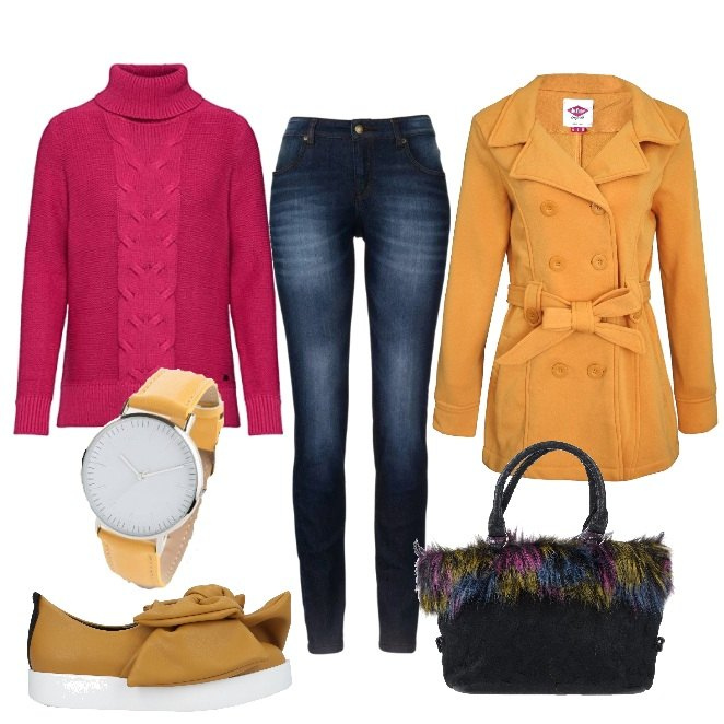 Outfit donna - Arrivo con il treno delle tre. Stile Trendy per Tutti i giorni. Abbinamento con jeans skinny, orologi, borsa a mano, sneakers, cappotto, pullovers.
