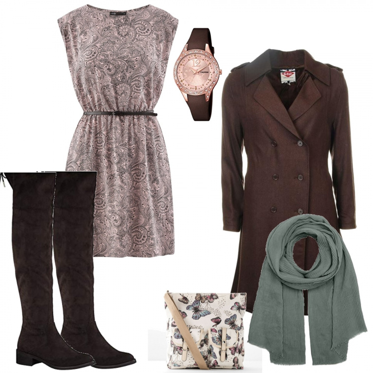 Outfit donna - Monday....si riparte. Stile Trendy per Tutti i giorni. Abbinamento con borse a tracolla, vestito con stampa aderente rosa, trench, stivali sopra il ginocchio, sciarpa lunga, orologio.