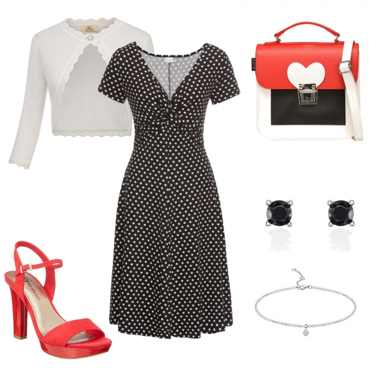 Outfit donna - BeNice. Stile Bon Ton per Tutti i giorni. Abbinamento con vestiti lunghi, borsa a mano cartella con manico fantasia multicolore a scatto in pelle sintetica con tasca interna, sandali con cinturino rosso, orecchini in argento 925 nero e argento, ciondolo, cardigan.