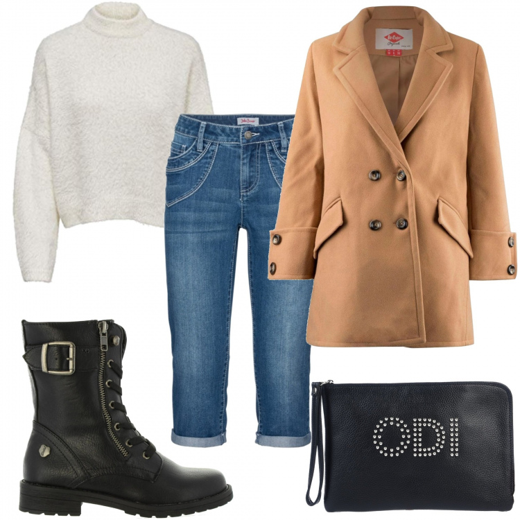 Outfit donna - Passione anfibi. Stile Trendy per Tutti i giorni. Abbinamento con jeans dritti, borsa a mano, stivali con lacci in pelle sintetica nero, cappotto marrone, felpe.