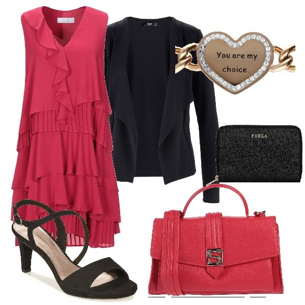 Outfit donna - My jewel. Stile Chic per Cerimonia. Abbinamento con blazer, vestiti corti, borse a mano, portafogli, sandali nero, bracciale.