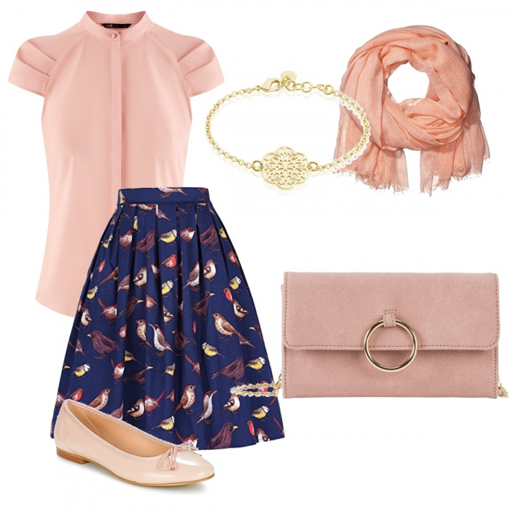 Outfit donna - Appuntamento romantico. Stile Bon Ton per Serata fuori. Abbinamento con cappotti, ballerine, gonne, camicie a manica corta, sciarpe, bracciale con fiocco e strass in ottone con pizzo oro.