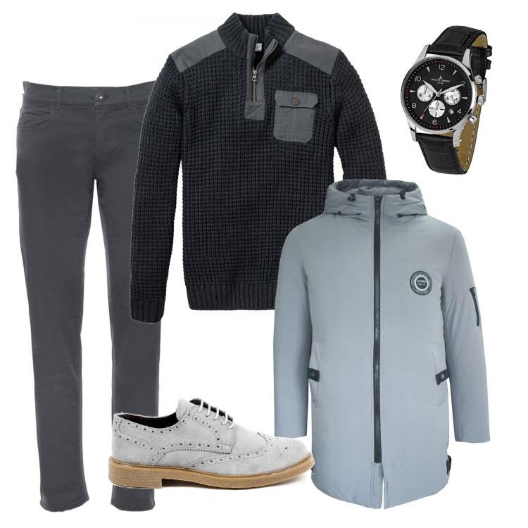 Outfit uomo - Trendy #935. Stile Trendy per Tutti i giorni. Abbinamento con maglieria, parka, scarpe stringate, orologi, pantalone lungo.