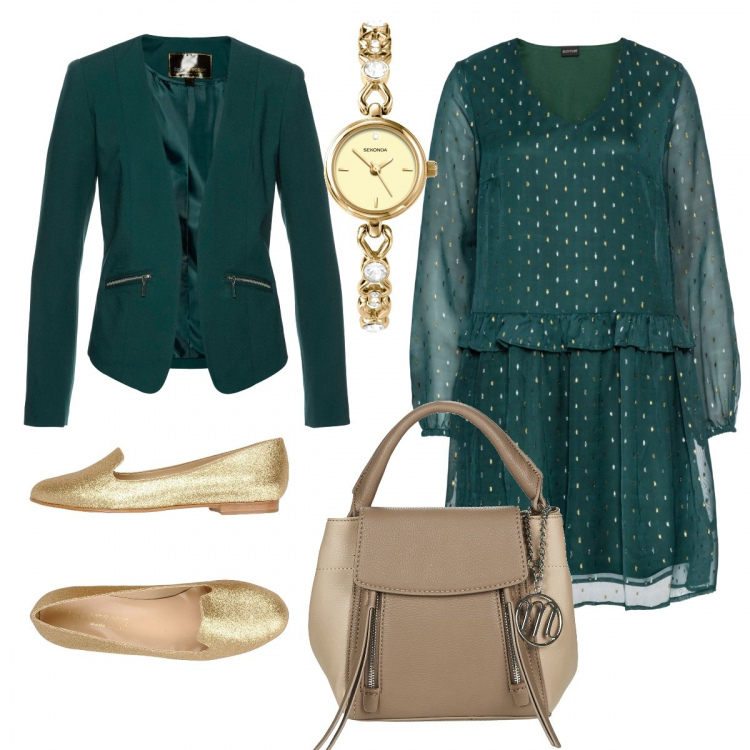 Outfit donna - In verde & oro. Stile Bon Ton per Cerimonia. Abbinamento con blazer, vestito con volant fantasia chiffon, mocassini, borsa a mano, orologi.