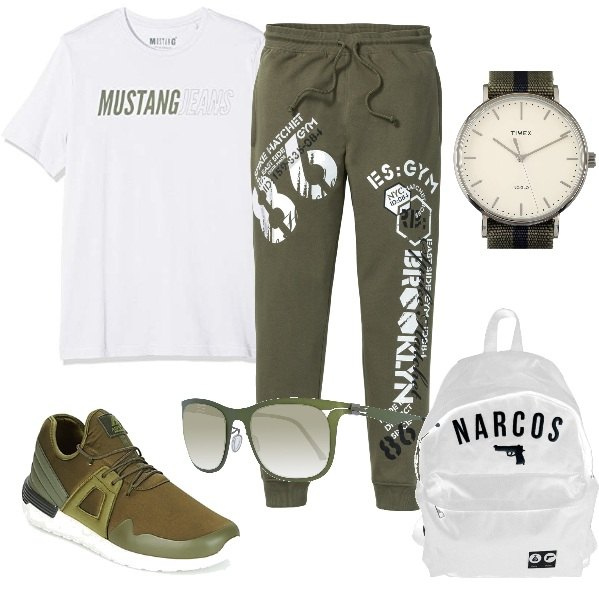 Outfit uomo - Sport e moda. Stile Casual per Sport. Abbinamento con sneakers, pantaloni, occhiali da sole, zaino, t-shirt, orologi.
