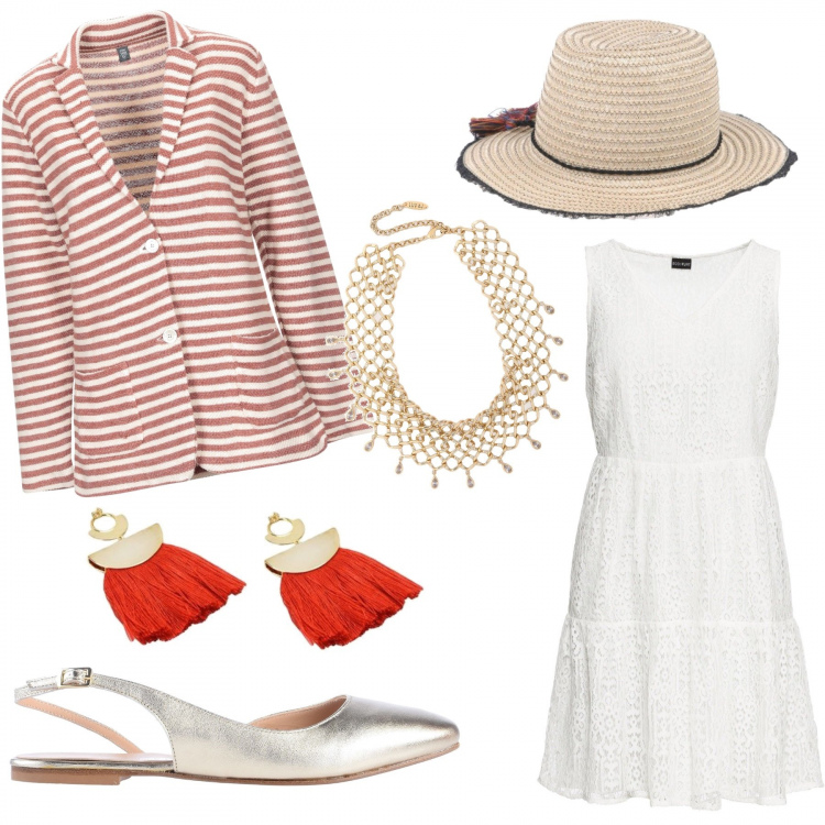 Outfit donna - Aperitivo in spiaggia. Stile Chic per Mare. Abbinamento con giacca, ballerine, cappello interno sfoderato tinta unita, orecchini, collane, vestiti.