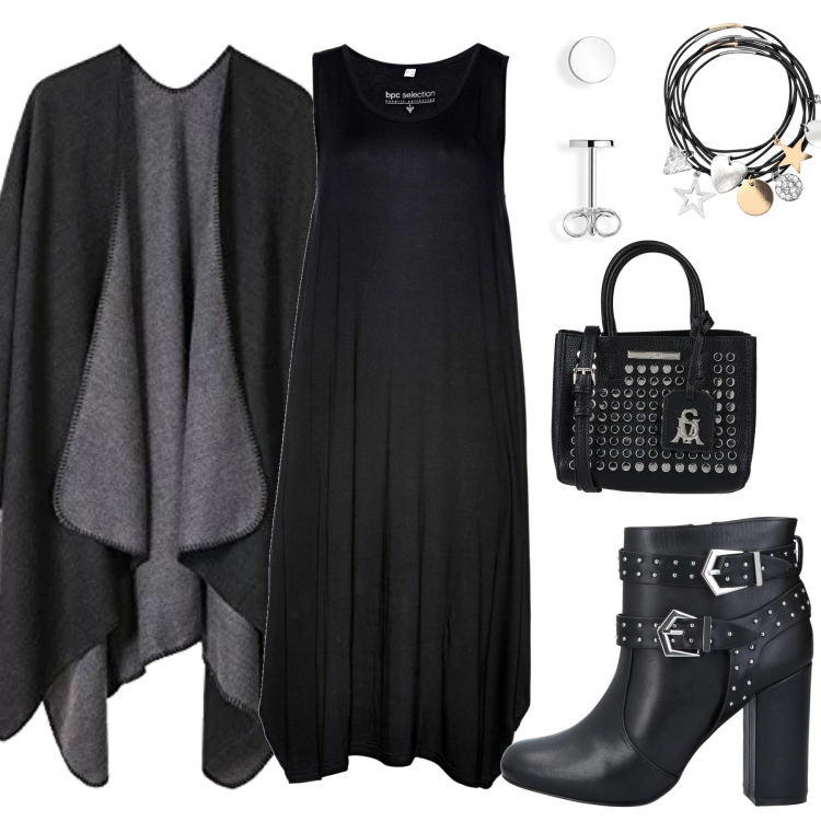 Outfit femme - À clous. Style Urban pour Tous les jours. Assortir avec robes asymétriques, sweat-shirts, pèlerine, bottines, sacs à main, boucles d'oreilles.