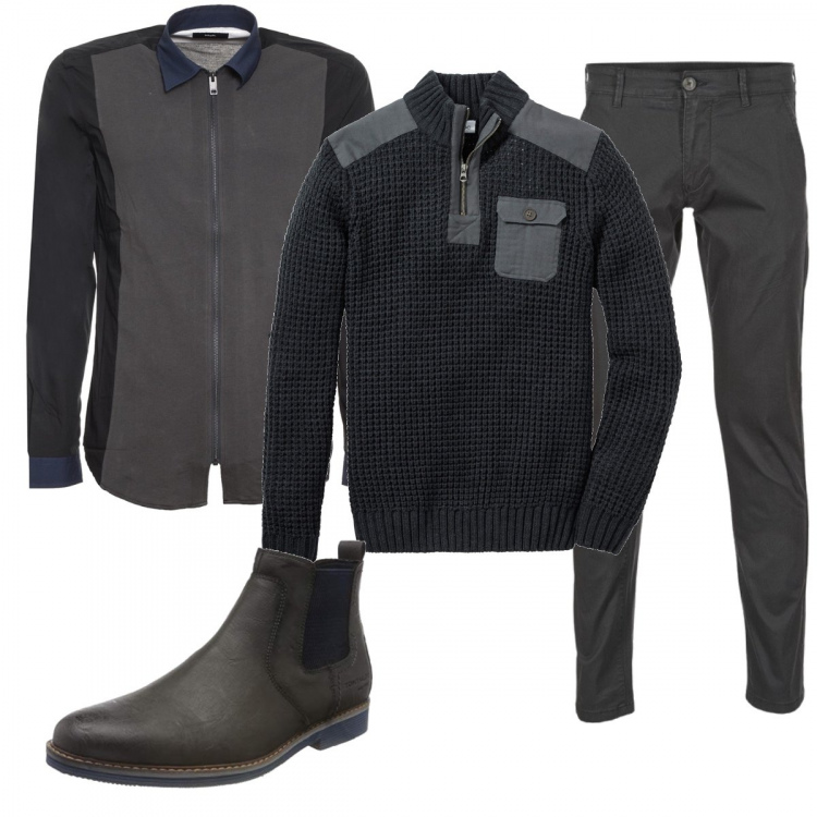 Outfit uomo - Grigio topo. Stile Casual per Tutti i giorni. Abbinamento con maglieria, pantalone chino, camicia, stivali grigio.