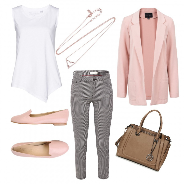 Outfit donna - Chic #3937. Stile Chic per Tutti i giorni. Abbinamento con mocassini, collana, vestiti corti, top, borsa a mano, pantaloni.