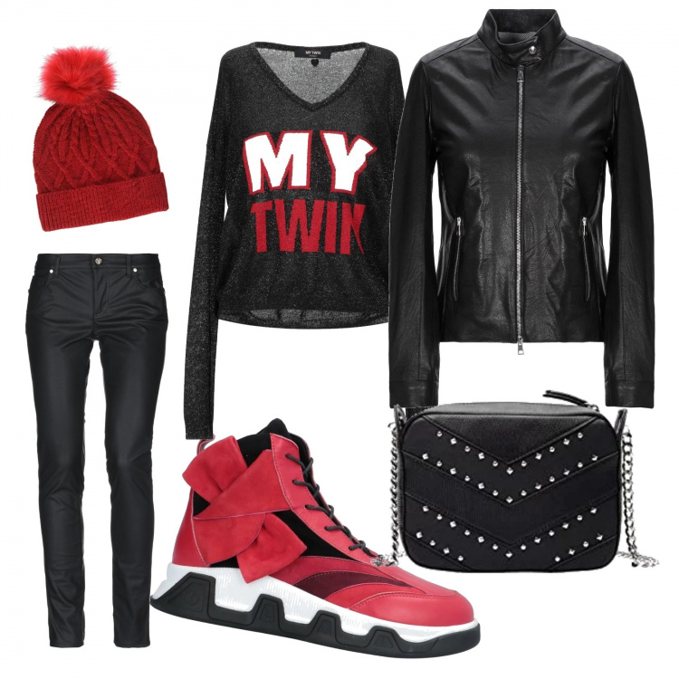 Outfit mujer - Lazos. Estilo Urban para Todos los días. Combinación con borsa a tracolla nero, cappello rosso, pullover, sneakers, giacca, pantalones.