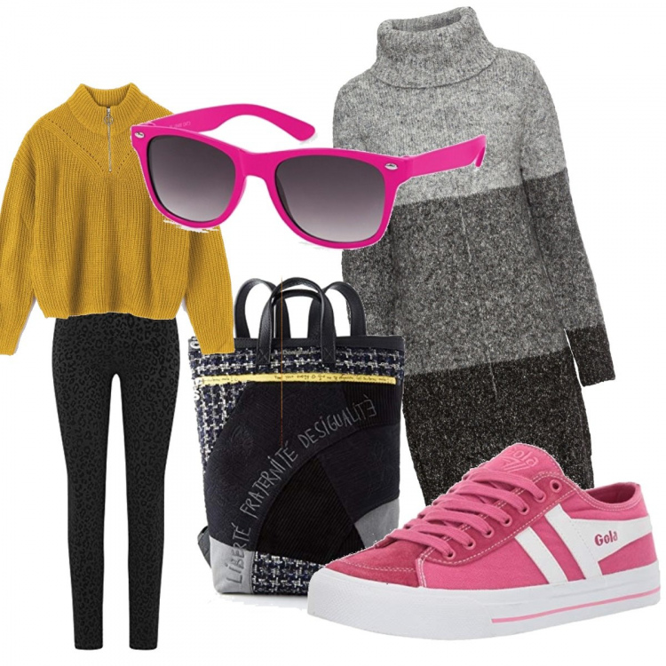 Outfit donna - A scuola con brio. Stile Urban per Scuola/Università. Abbinamento con vestiti, maglione con zip senape, sneakers, jeans skinny, zaino con manico e zip.