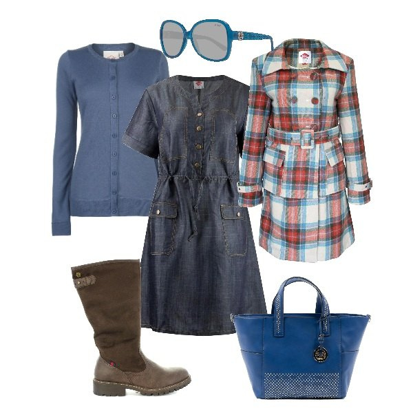 Outfit donna - Balmoral style. Stile Basic per Tutti i giorni. Abbinamento con vestito in denim nero, cappotti, cardigan, borse a mano, stivali, occhiali da sole.