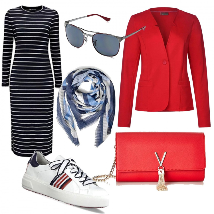 Outfit mujer - Vestido + clutch. Estilo Trendy para Todos los días. Combinación con sneakers bianco, vestidos, giacca rosso, clutch rosso, top rosso, bufanda.