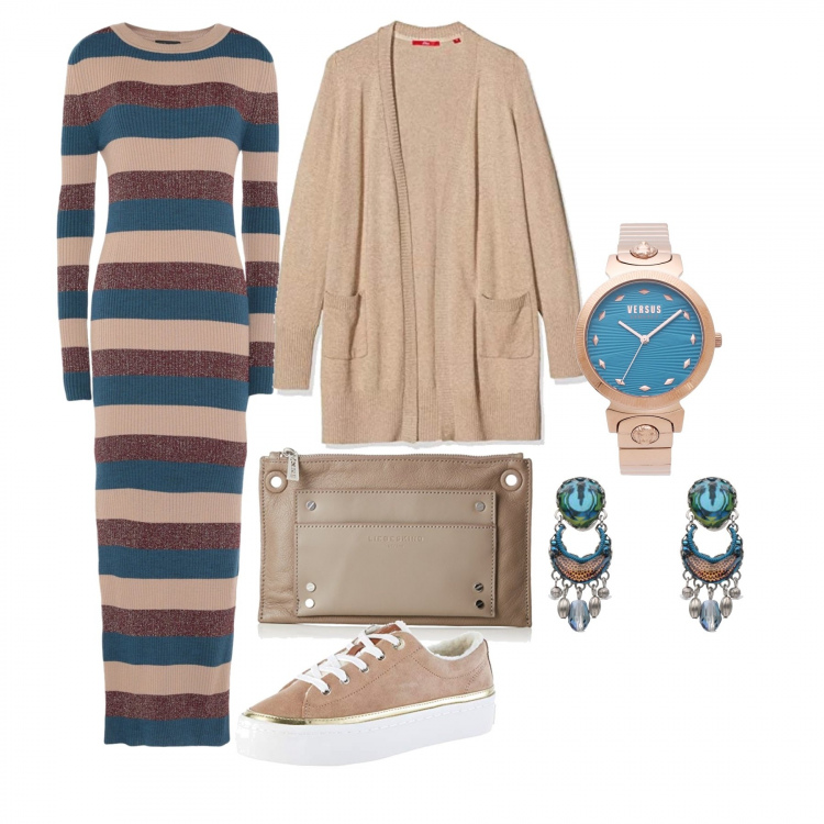 Outfit mujer - Urban #3345. Estilo Urban para Todos los días. Combinación con sneakers con pizzo effetto scamosciato, maglioncino melange marrone, clutch, vestidos largos, pendientes, orologio.