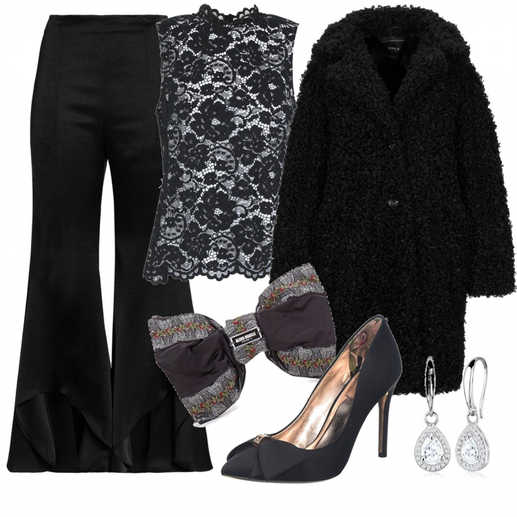 Outfit mujer - Lazo. Estilo Chic para Noche/Fiesta elegante. Combinación con pendientes, zapatos de tacón nero, bolso, top, cappotto, pantalone in raso.