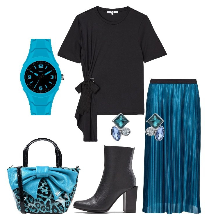 Outfit donna - Un outfit con i fiocchi. Stile Trendy per Tutti i giorni. Abbinamento con shopping bag, stivaletti con zip nero, borsa a mano con fiocco fantasia effetto vernice taglia media con zip interno foderato in pelle sintetica con tracolla removibile blu, t-shirt, orecchini azzurro, orologio con cinturino turchese.