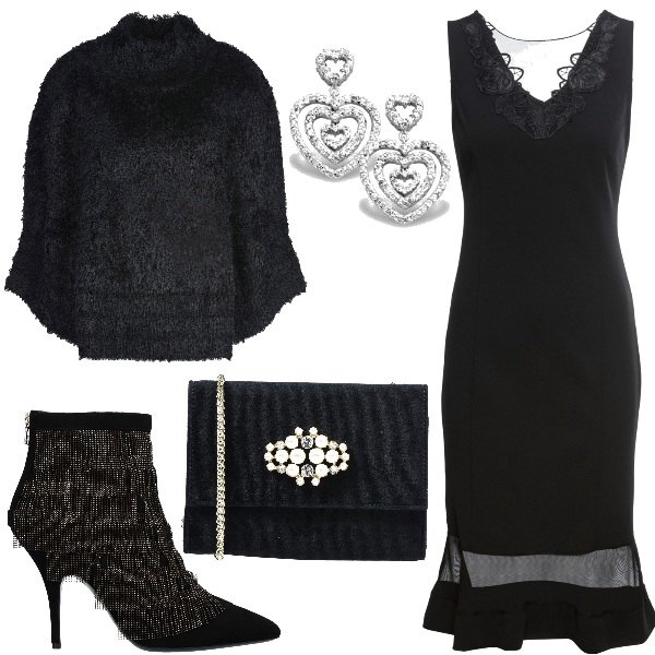 Outfit donna - Tubino a S. Valentino. Stile Chic per Serata fuori. Abbinamento con vestiti, mantella lavorato a maglia collo tondo interno sfoderato tinta unita, stivaletti, borsa a tracolla, orecchini.