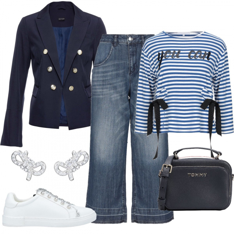 Outfit donna - Fiocchi marinari. Stile Trendy per Tutti i giorni. Abbinamento con blazer, jeans delavé con zip in denim con tasche, sneakers, borsa a tracolla, t-shirt, orecchini con fiocco scollo profondo bianco.