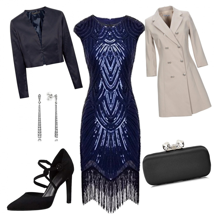 Outfit mujer - Ceremonia de noche en invierno. Estilo Chic para Ceremonia. Combinación con vestito navy e blu, zapatos de tacón nero, carteras, colgantes, bolero, cappotto.
