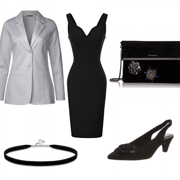 Outfit mujer - Bon Ton #3012. Estilo Bon Ton para Oficina. Combinación con vestidos tubo, chaqueta, zapatos de tacón nero, collares, clutch.