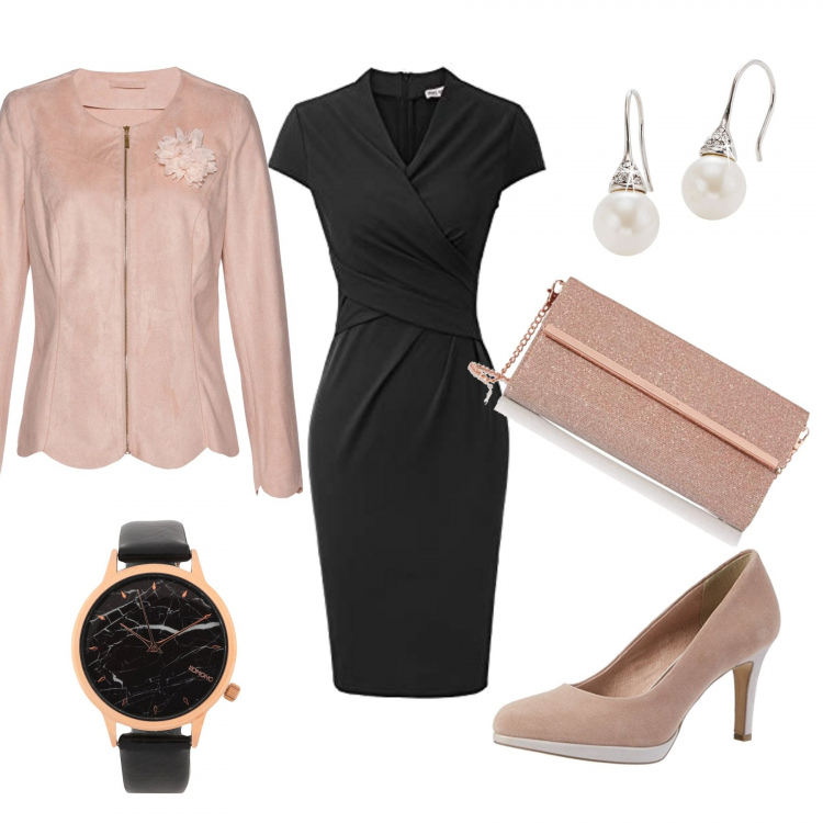 Outfit femme - Élégante en soirée. Style Chic pour Soirée dehors. Assortir avec vestes, blazers et manteaux, chaussures à talon, robes, chaussures à talons, clutchs et pochettes, montres.