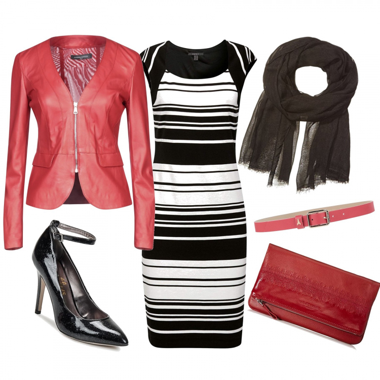 Outfit mujer - A la oficina 3. Estilo Bon Ton para Oficina. Combinación con vestidos, bolso, bufandas, zapatos de tacón, chaqueta, cintura.