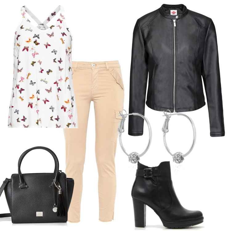 Outfit donna - Butterfly. Stile Urban per Tutti i giorni. Abbinamento con top, pantalone vita bassa con zip tinta unita, giacca nero, scarpa, stivaletti, orecchini con strass.