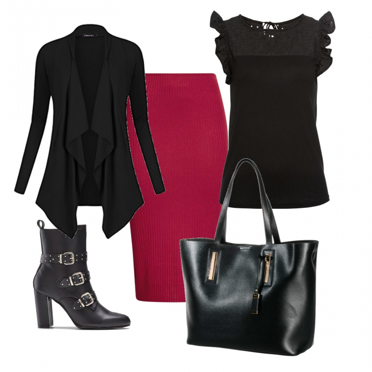 Outfit donna - Gonna rossa. Stile Urban per Ufficio. Abbinamento con t-shirt, shopping bag, stivaletti, gonna midi a coste vita alta in in maglia aderente rosso, cardigan.