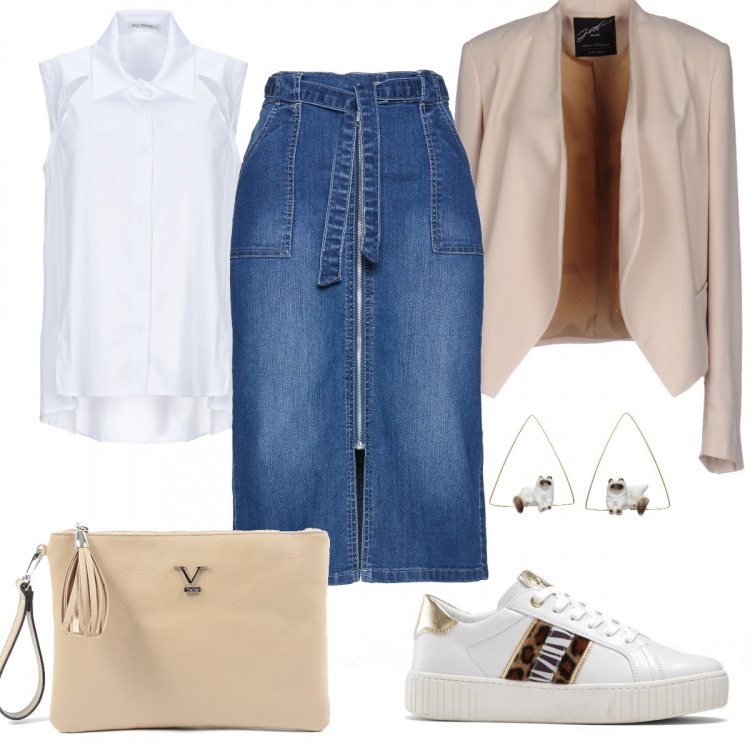Outfit donna - Sportivissima con il tubino. Stile Trendy per Tutti i giorni. Abbinamento con gonne, sneakers, giacca, orecchini, camicie, pochette.