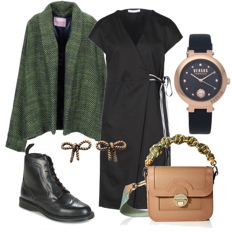 Outfit mujer - Ribbons all day. Estilo Urban para Todos los días. Combinación con bandoleras, botines, vestito nudo, cappotto effetto acetato, orologio, pendientes.