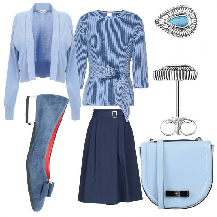 Outfit donna - Trend:Fiocchi everywhere. Stile Chic per Tutti i giorni. Abbinamento con gonna longuette, pullover, ballerine, borse a tracolla, cardigans, orecchini.