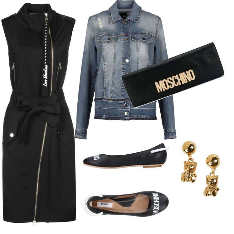 Outfit donna - A passeggio con Moschino. Stile Trendy per Tutti i giorni. Abbinamento con vestiti midi/longuette, ballerine, giacca contrasto delavé collo classico a maniche lunghe in denim tinta unita, orecchini, clutch nero.