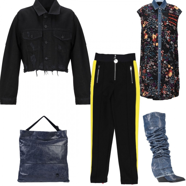 Outfit donna - Brand Inspo #Jean Paul Gaultier. Stile Rock per Serata fuori. Abbinamento con vestito corto contrasto collo classico senza maniche interno sfoderato in denim con tasche, stivali con zeppe a punta in denim tinta unita, pantalone lungo, borse a mano, blazer.