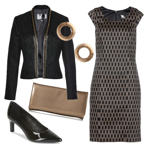 Outfit donna - Tubino geometrico e clutch bronze. Stile Chic per Serata fuori. Abbinamento con vestiti a tubino, blazer, décolleté, orecchini glitter in ottone, portafogli.