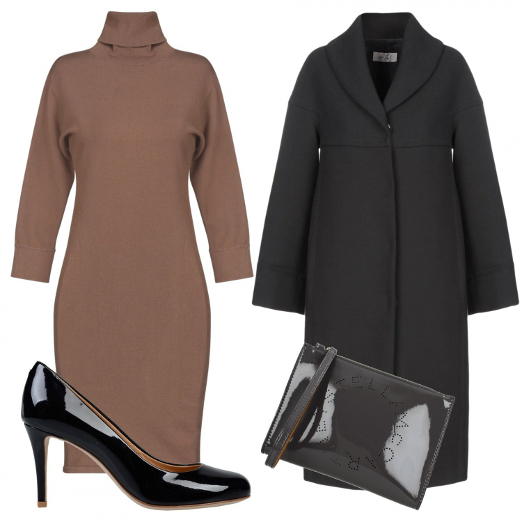 Outfit donna - Tubino classico color cammello. Stile Bon Ton per Serata fuori. Abbinamento con vestito corto a tubino senza tasche lavorato a maglia collo alto a maniche lunghe interno sfoderato tinta unita, cappotto, décolleté, pochette.