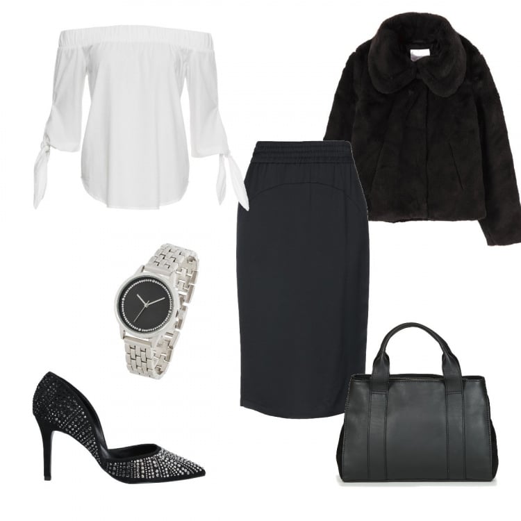 Outfit donna - Casacca con fiocchi. Stile Trendy per Serata fuori. Abbinamento con bluse, orologio con strass contrasto argento, gonna longuette, décolleté con strass e tacco spillo interno foderato a punta pianta stretta tinta unita, ecopelliccia collo classico tinta unita nero, borsa a mano.