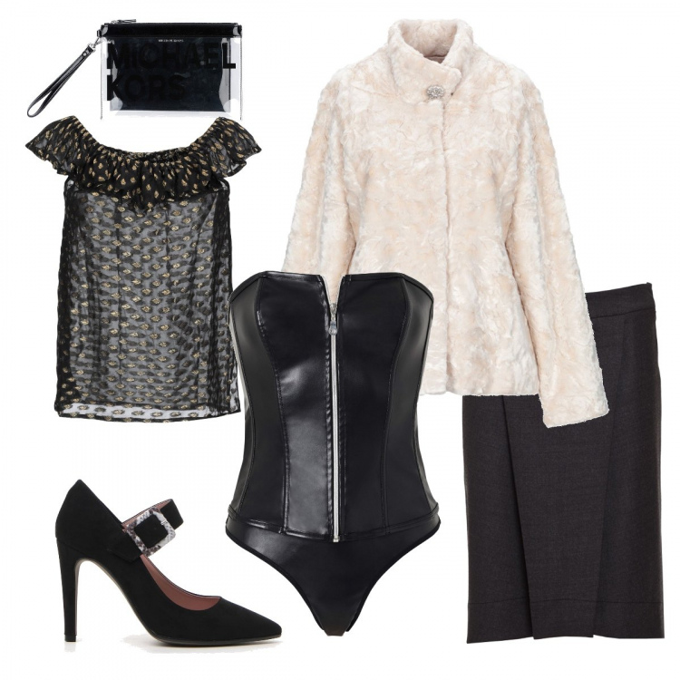 Outfit donna - Inspo J.P. Gualtier. Stile Sexy per Serata fuori. Abbinamento con corsetto, ecopelliccia, bluse, pochette, gonne, décolleté.